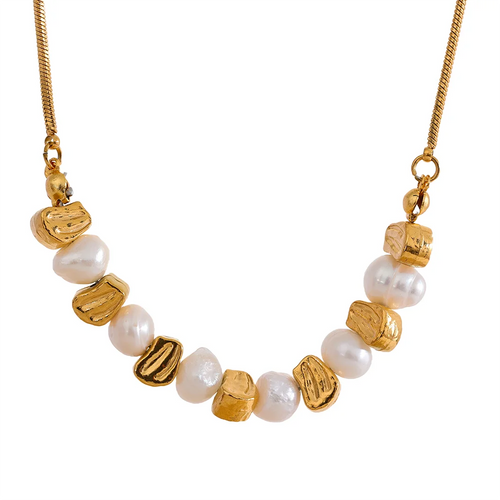Yhpup Natural Freshwater Pearl Stainless Steel Beads Chain Necklace Bracelet Bangle Gold Color Vintage Handmade Jewelry Women