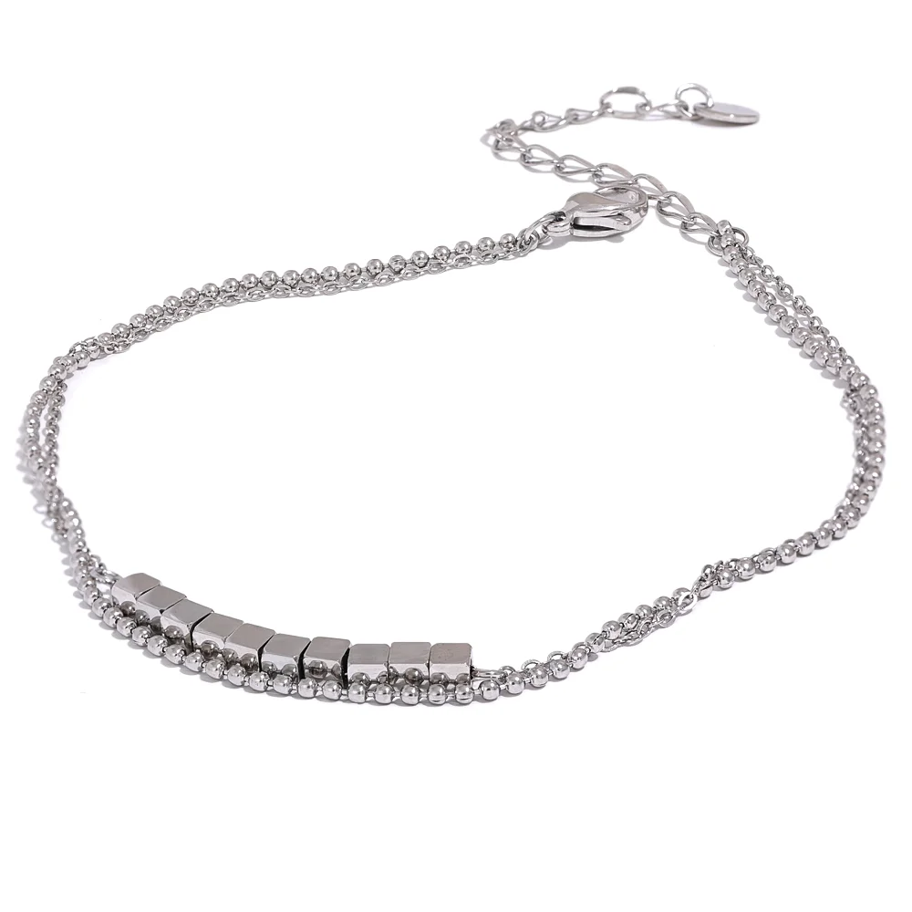 Yhpup Waterproof Stainless Steel Square Bead Chain Layered Anklet for Women Gold Color Statement Summer Sandy Beach Jewelry