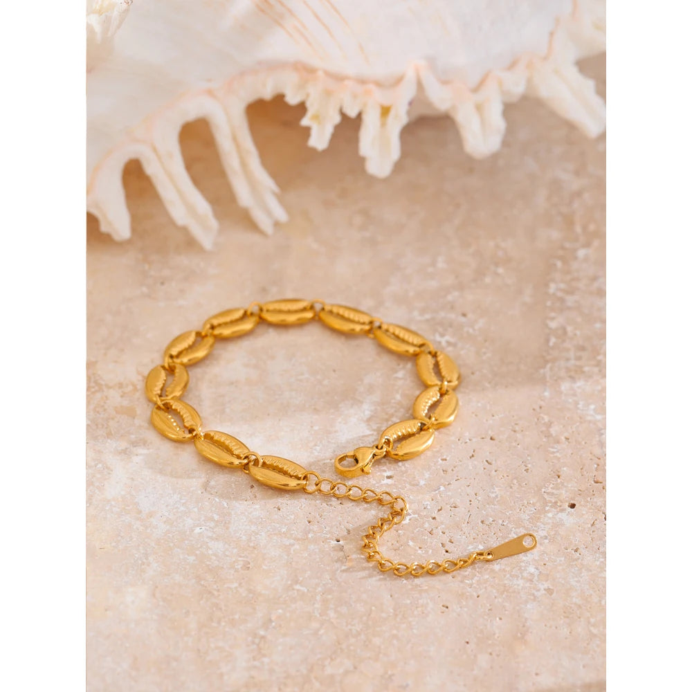 Yhpup Stainless Steel Metal Shell Gold Color 18K Plated Fashion Beach Holiday Bracelet Handmade Waterproof Summer Jewelry