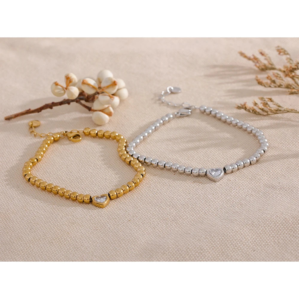 Yhpup Stainless Steel Beads Chain Heart Zircon Handmade Bracelet Bangle Gold Color Waterproof Charm Jewelry for Women Gala Gift