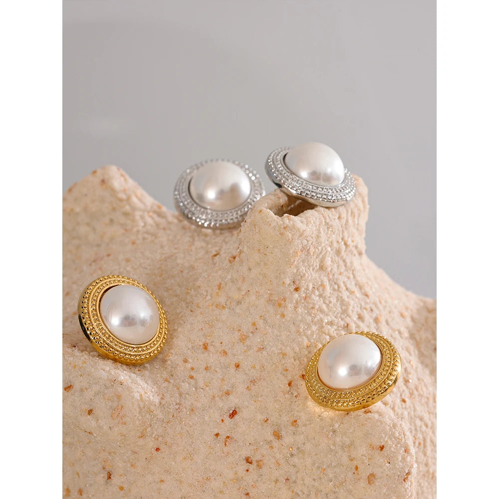 Yhpup Korean Imitation Pearls Round Stud Earrings Anti Allergic Elegant Classic Daily Fashion Gold & Platinum PVD Plated Jewelry