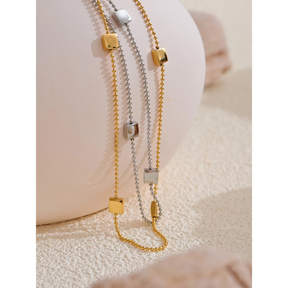 Yhpup New 316L Stainless Steel Square Beads Chain Necklace Rust Proof Exquisite Daily Chic Women Waterproof Jewelry Gift