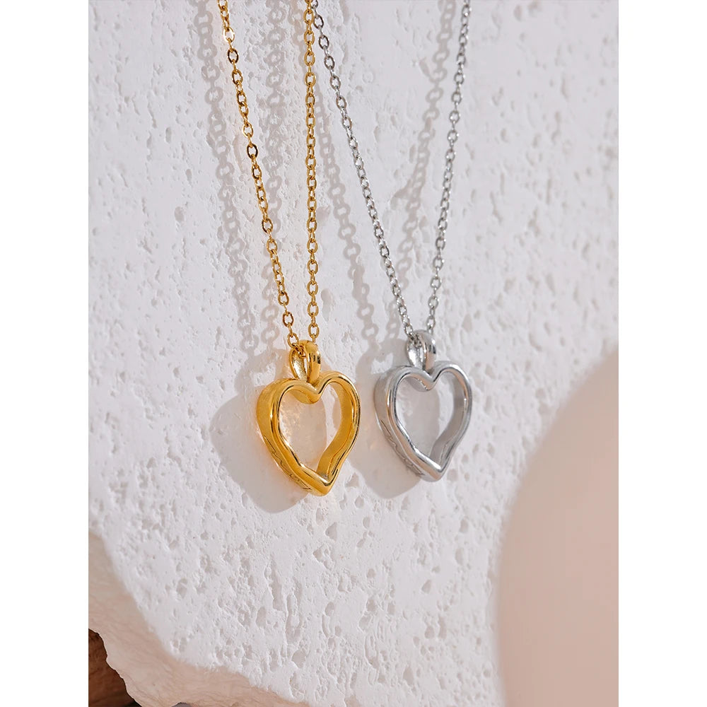 Yhpup Stainless Steel Heart Hollow Cast Pendant Minimalist Fashion Necklace Waterproof Trendy Simple Stylish Jewelry Women