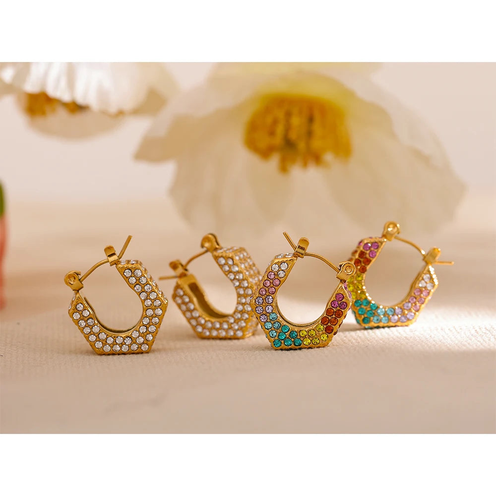 Yhpup Luxury Colorful White Cubic Zirconia Shinny Stainless Steel Hollow Hoop Earrings Women Fashion 18K PVD Gold Plated Jewelry