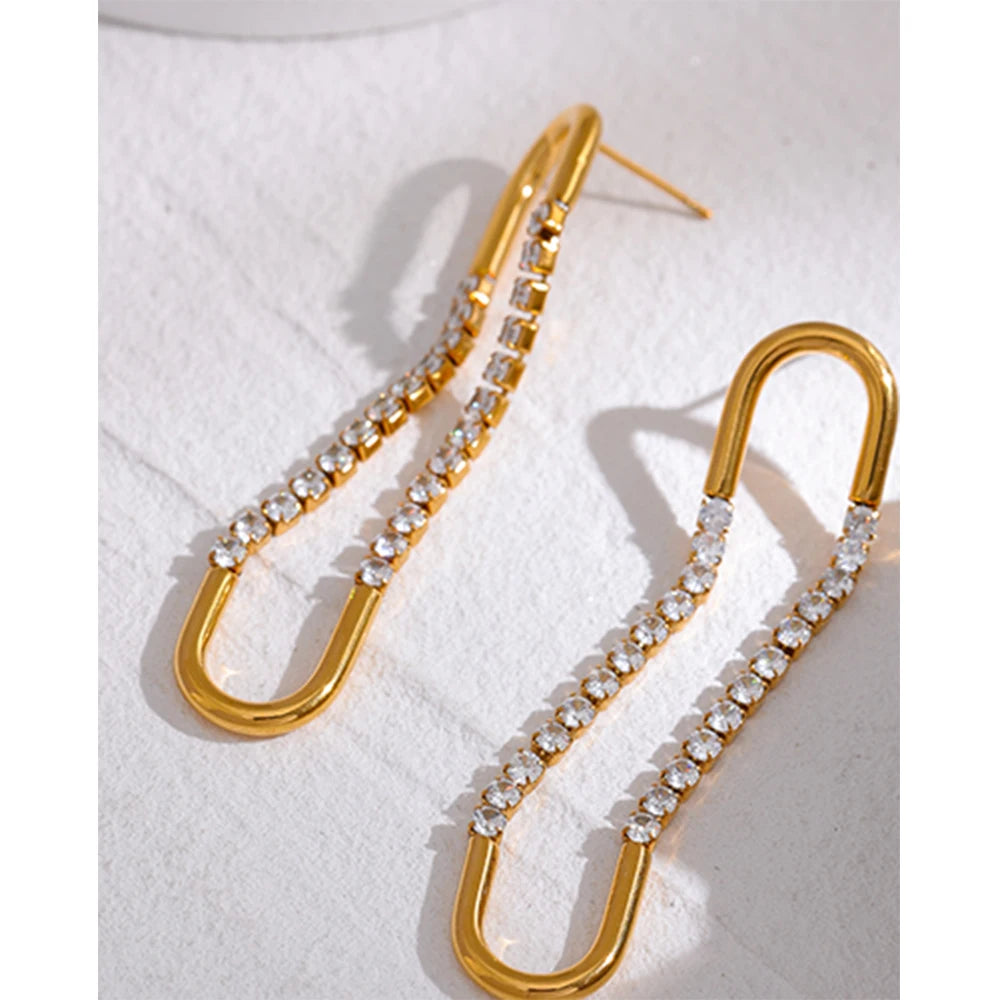 Yhpup Cubic Zirconia Temperament Earrings Stainless Steel Luxury Long Drop Earrings For Women Party Jewelry