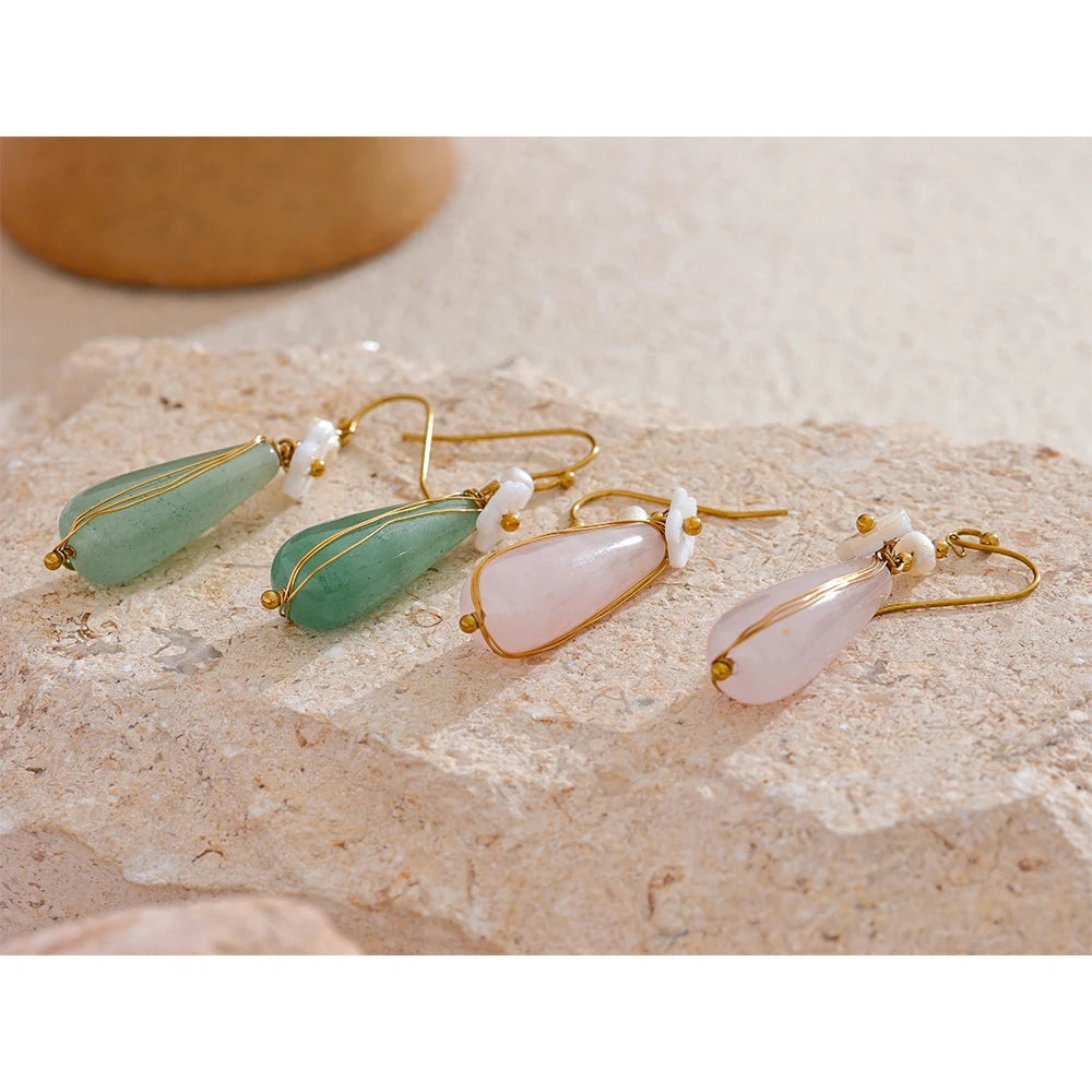Yhpup Green Pink Natural Stone Drop Earrings for Women Stainless Steel Vintage Elegant Chinese Style Fashion Jewelry Gift