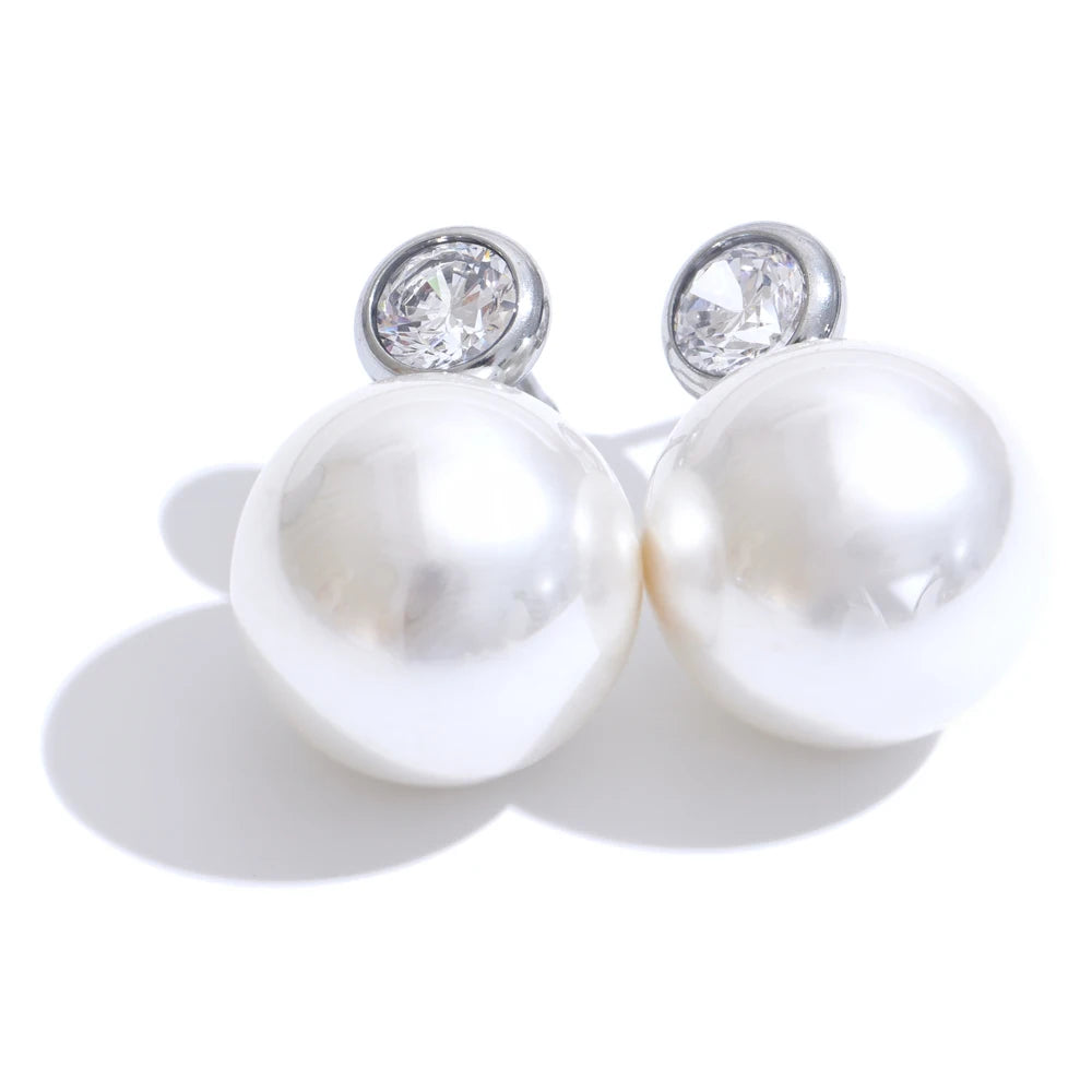 Yhpup Korean Style Imitation Pearls Zircon Round Classic Daily Stud Earrings Women Stainless Steel Charm Fashion Jewelry Gift