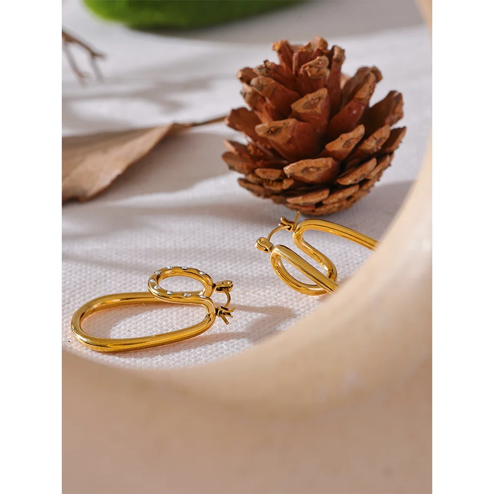 Yhpup Fashion Inlaid Zircon Stainless Steel Oval Hollow Hoop Earrings High Quality Gold Color Exquisite Ear Jewelry Gift