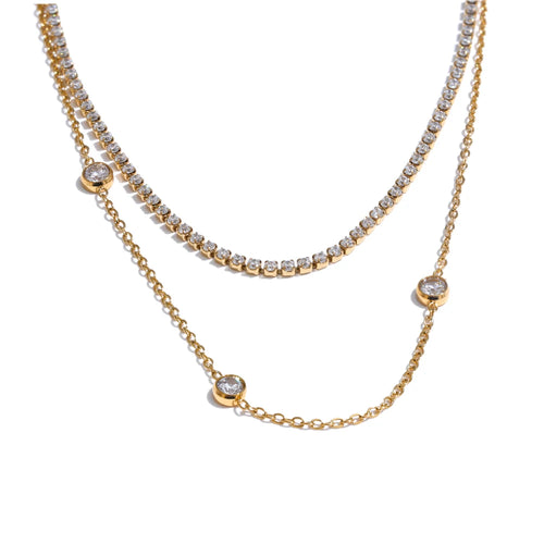 Yhpup New Arrivals Stainless Steel Double Layer Cubic Zirconia Chain Necklace for Women Temperament Delicate Premium Jewelry