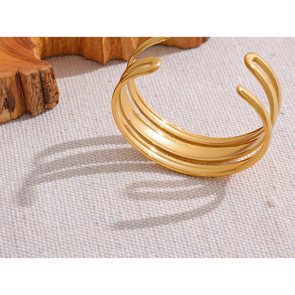 Yhpup Stainless Steel Statement Gold Color Cuff Bracelet Bangle Metal Texture Multi-Layer Temperament Fashion Waterproof Jewelry