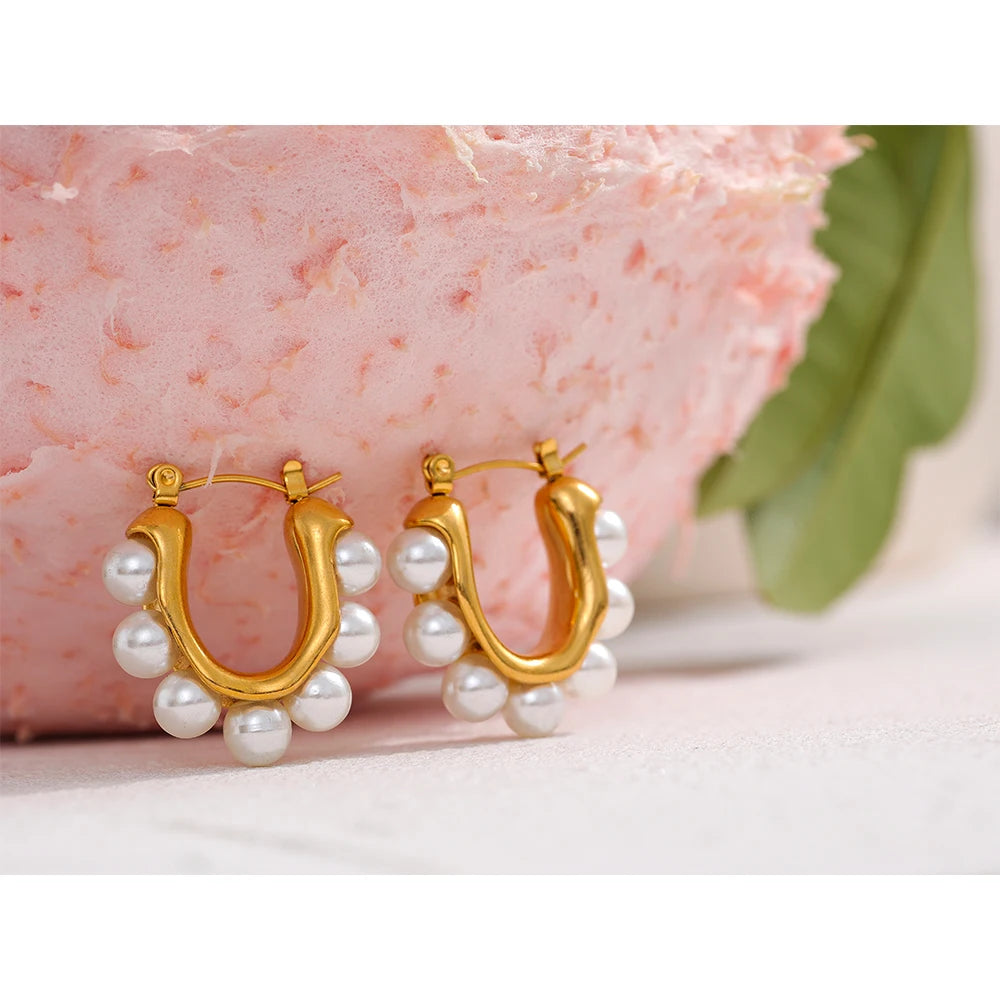 Yhpup Elegant Imitation Pearls Geometric Stainless Steel Huggie Hoop Earrings 18K Gold Color Waterproof Charm Trendy Jewelry
