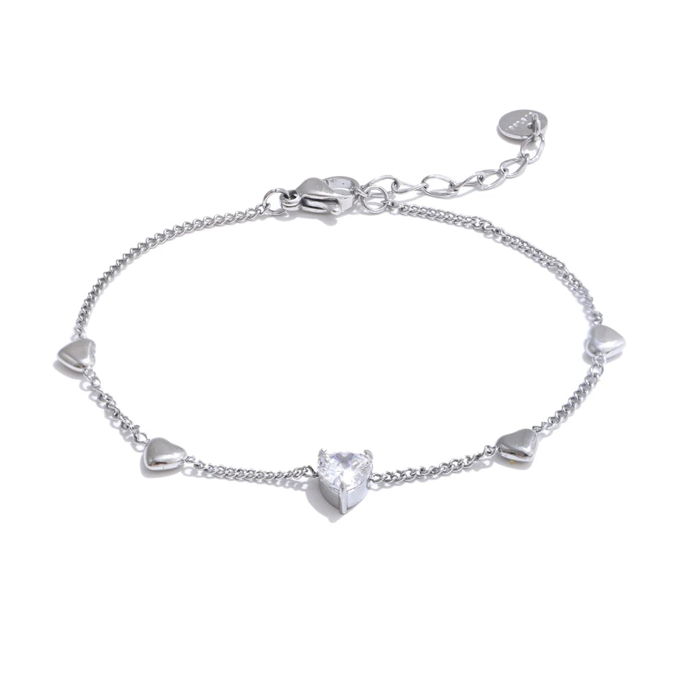 Yhpup Zirconia Heart Love Chain Fashion Bracelet Bangle Waterproof Stainless Steel Exquisite Ankle Foot Jewelry