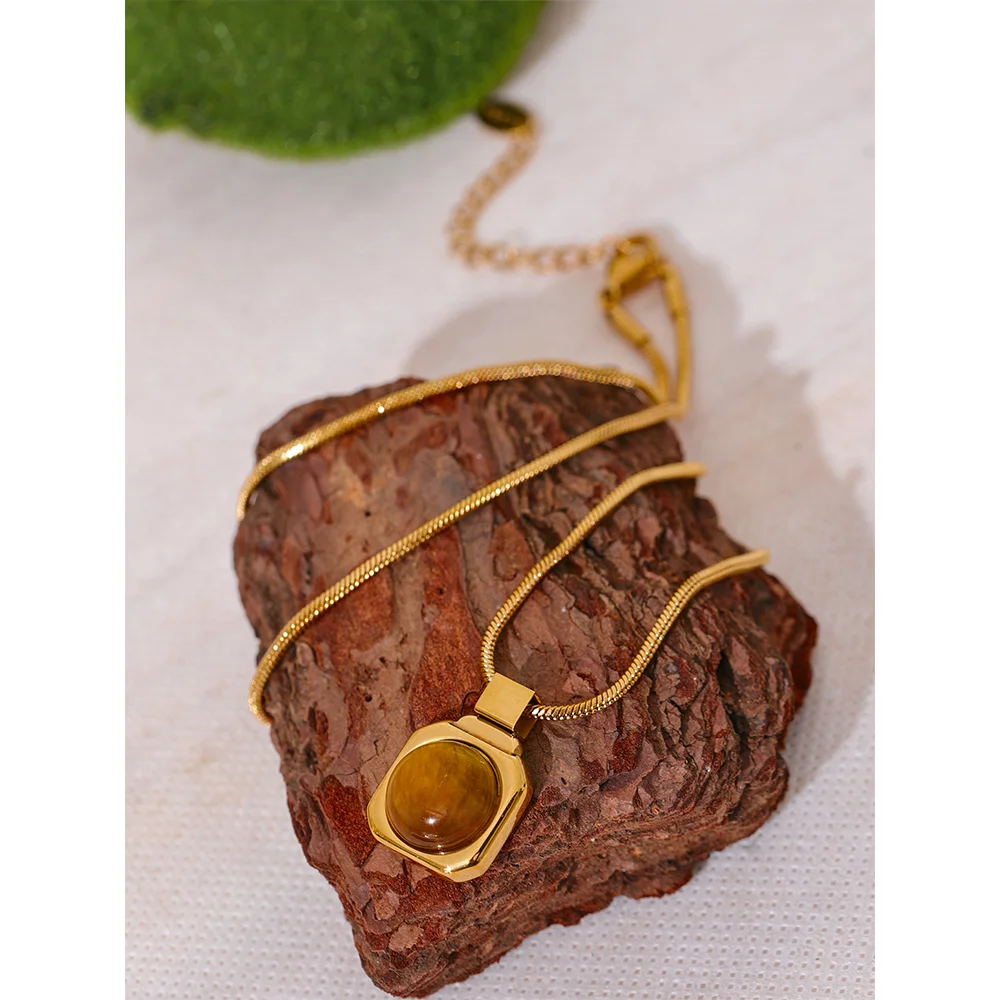 Yhpup High Quality Natural Tiger Stone Square Pendant Necklace Rust Proof Gold Color Fashion Collar Versatile Jewelry Gift