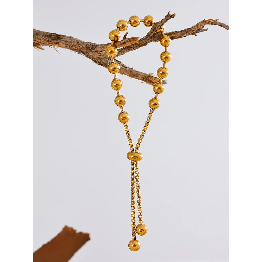 Yhpup 18K Gold Color PVD Plated Metal Beads Chain Adjustable Bracelet Bangle Statement Waterproof Summer Daily Jewelry