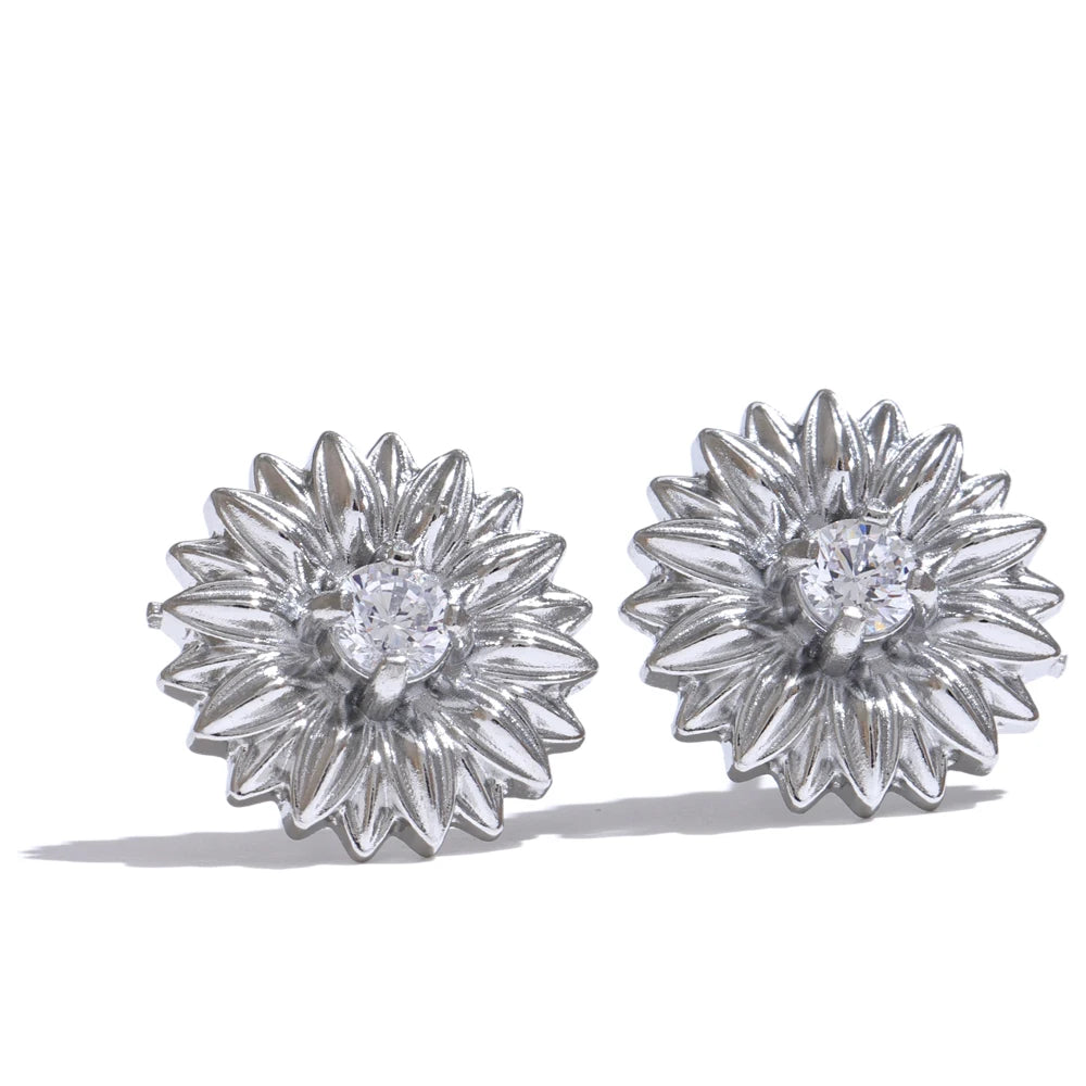 Yhpup Fashion Trendy Stainless Steel Daisy CZ Stereoscopic Waterproof Stud Earrings Women Stylish Daily Jewelry Office Ladies