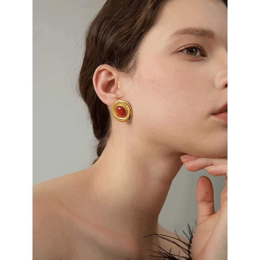 Yhpup Red Black Natural Stone Stainless Steel Round Stud Earrings for Women Gold Color Fashion Statement Jewelry Waterproof Gift