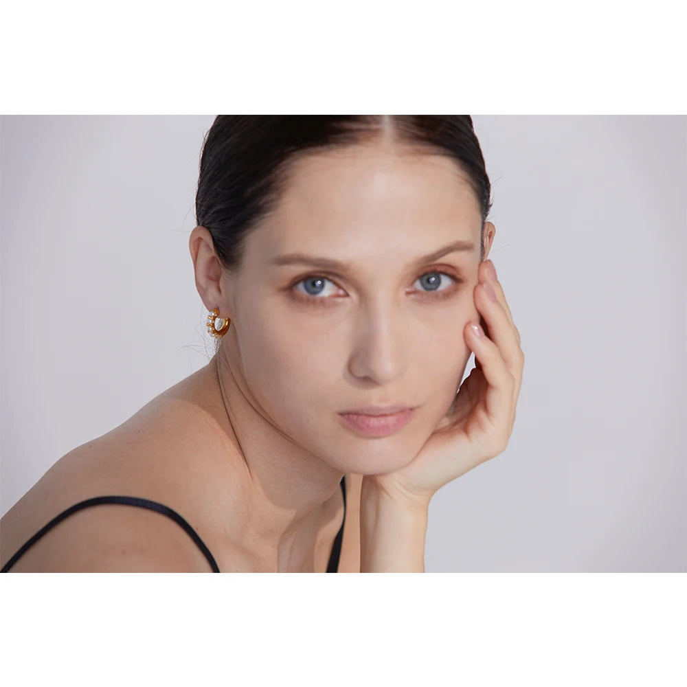 Yhpup Elegant Imitation Pearls Geometric Stainless Steel 18K Gold Plated Hoop Earrings Fashion Waterproof Delicate Jewelry Women