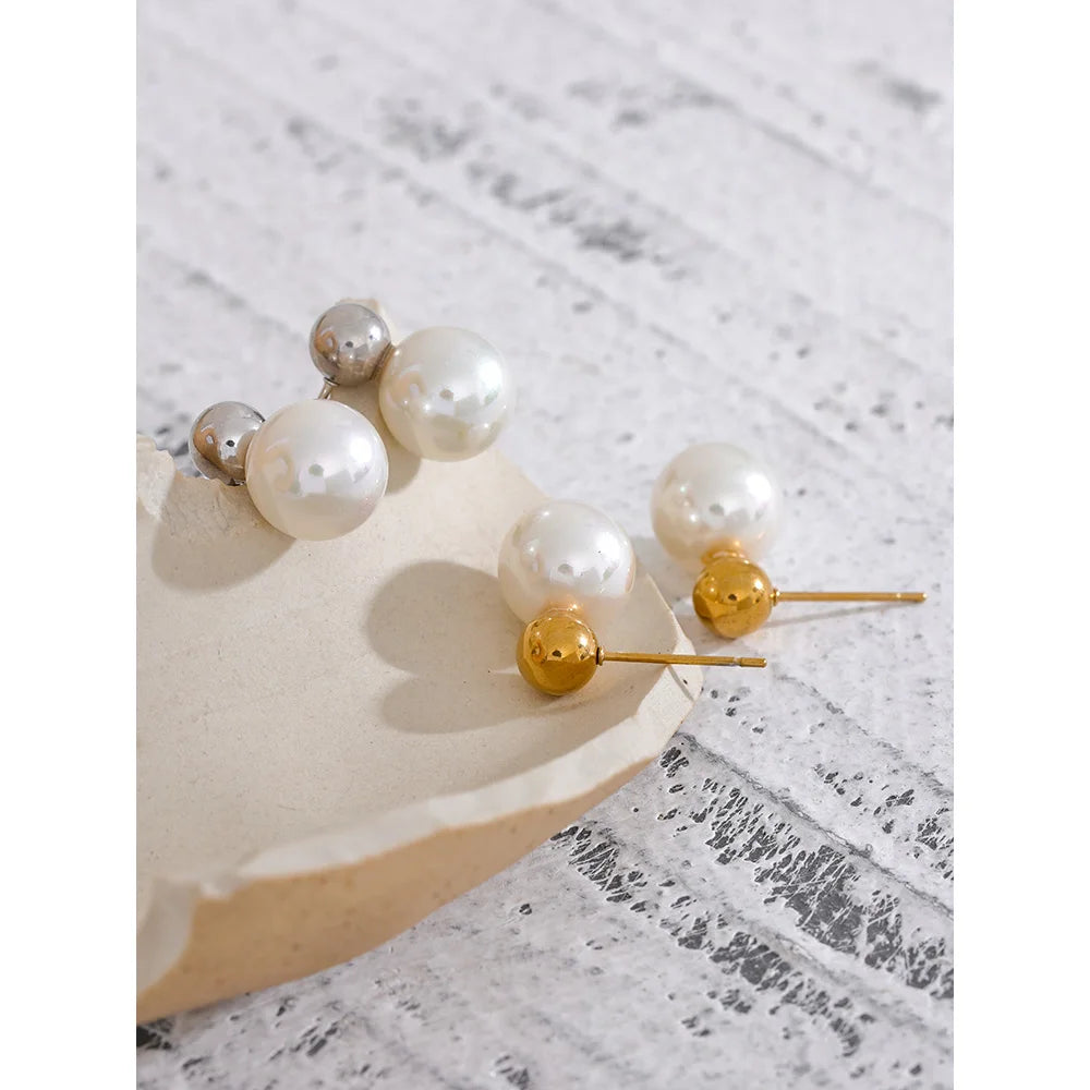 Yhpup Round Simulated Pearls Stud Earrings Chic Stainless Steel Korean Jewelry for Women Elegant Trendy Gala Gift