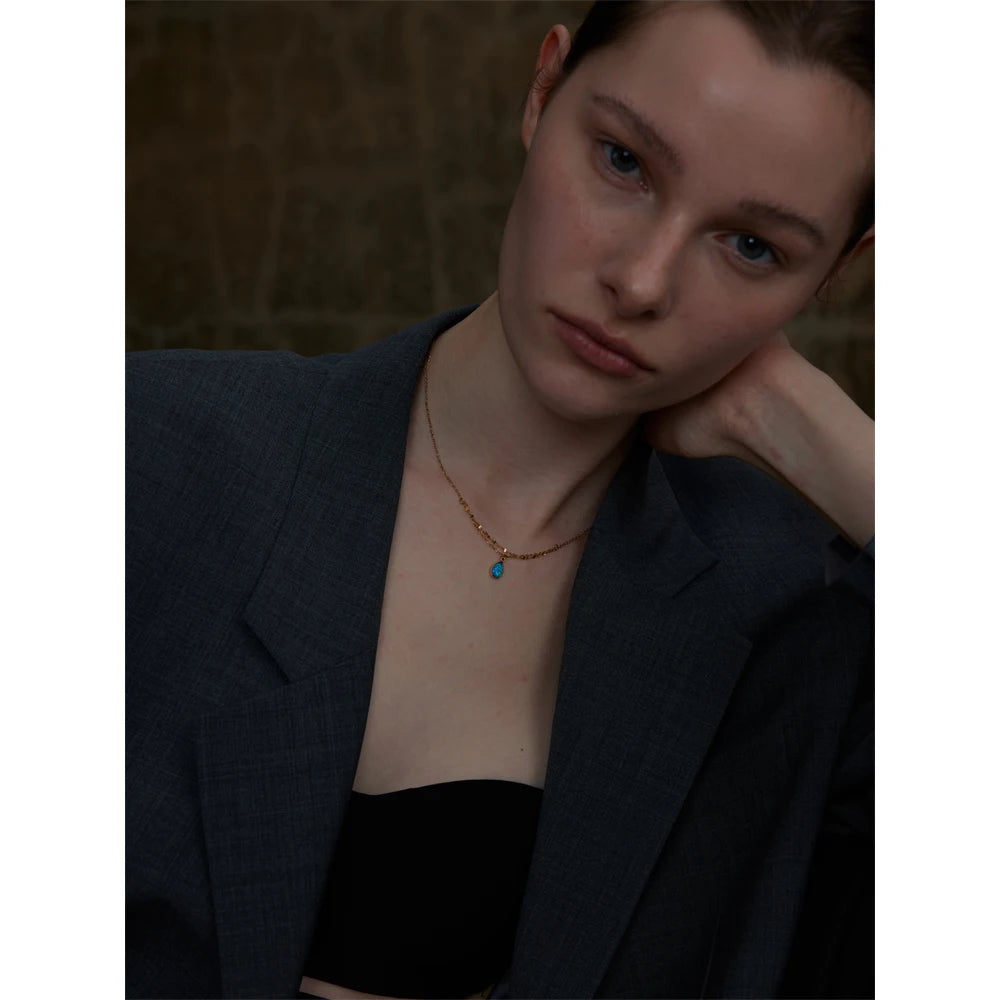 Yhpup Exquisite Blue Opal Artificial Stone Pendant Double-layered Chain Stacking Necklace Stainless Steel Stylish Jewelry Gift