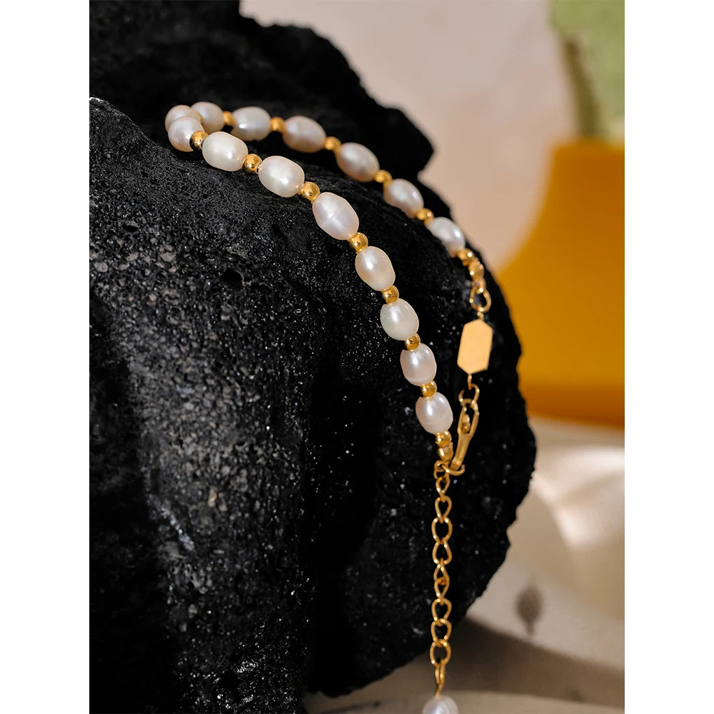 Yhpup Natural Freshwater Pearls Fashion Handmade Bracelet Bangle Women Waterproof PVD Charms Stainless Steel Beads Jewelry Gift