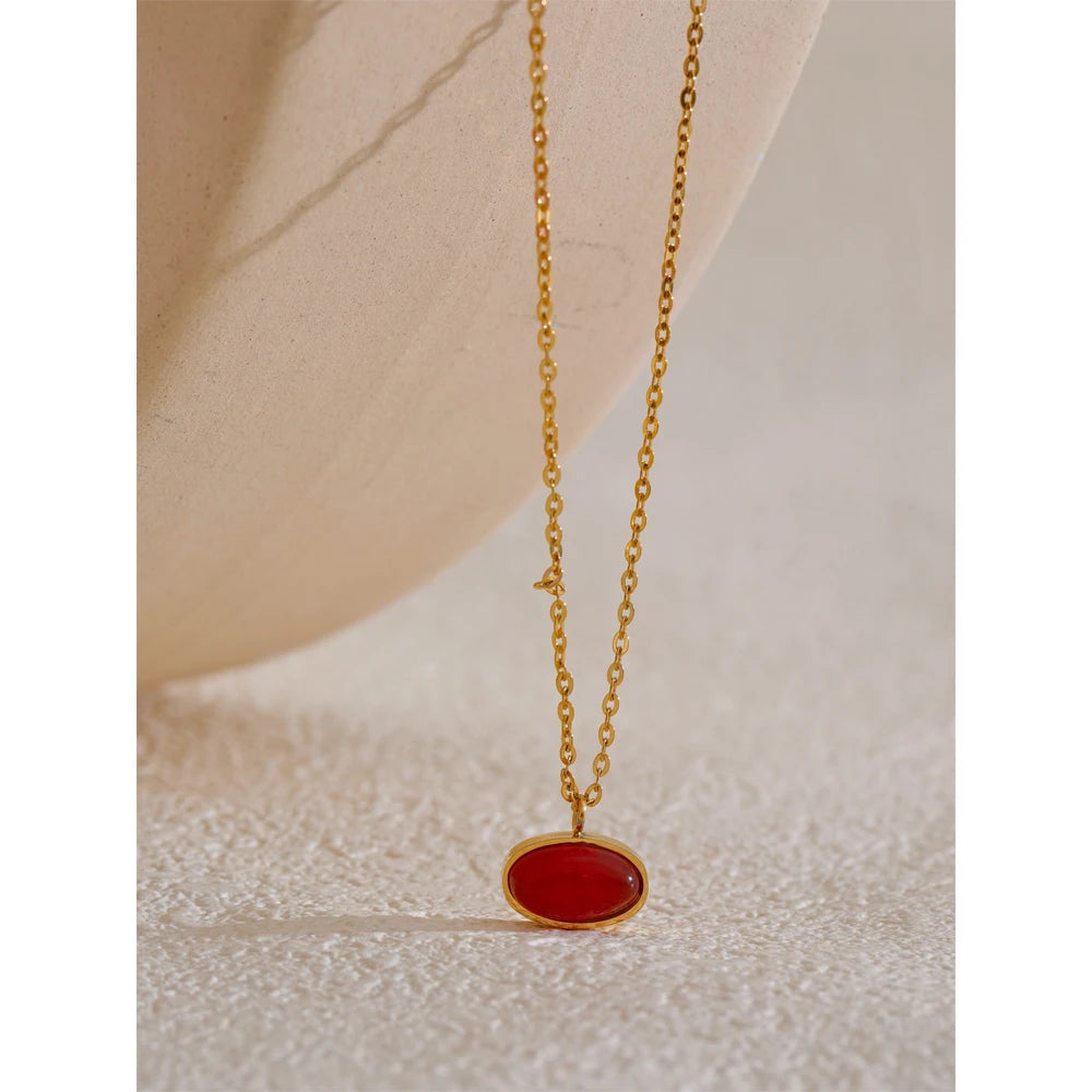 Yhpup Stainless Steel Red Agate Natural Stone Chic Pendant Necklace Trendy Collar 18K Golden PVD Plated Charm Jewelry Waterproof