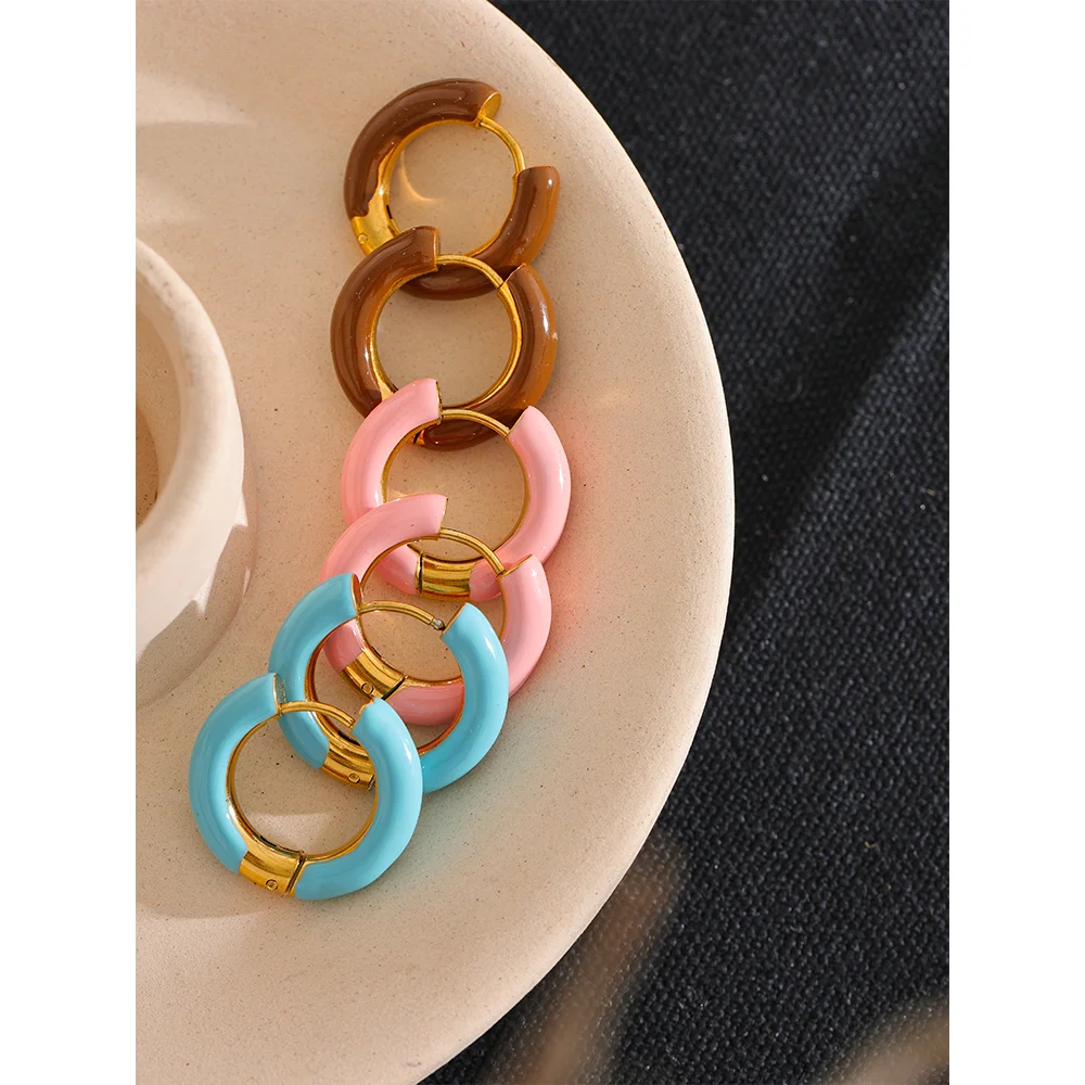 Yhpup 20mm Candy Color Blue Pink Brown Enamel Stainless Steel Hollow Hoop Earrings Golden Simple Trendy Y2K Sweet Jewelry Gift