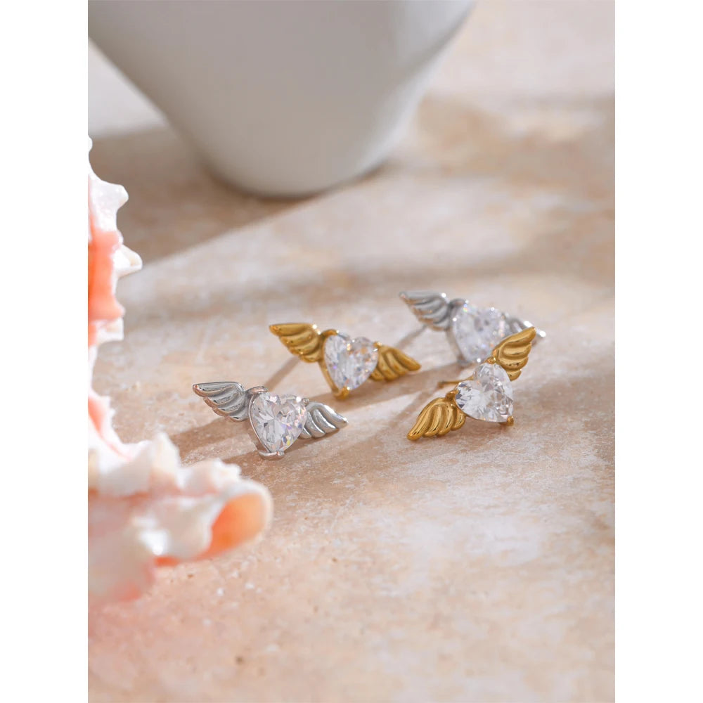 Yhpup Fashion Stainless Steel Shiny Cubic Zirconia Wing Stud Earrings for Women Prevent Allergy Chic Daily Jewelry Gift