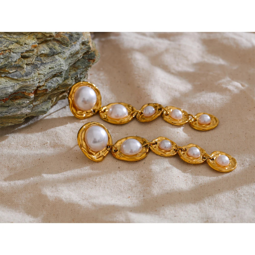 Yhpup Stainless Steel Simulated Pearls Golden Long Hanging Drop Earrings Prevent Allergy Fashion Popular Statement Jewelry Gift