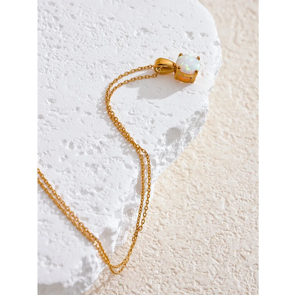 Yhpup Exquisite Round Opal Stone Pendant Necklace for Women Stainless Steel Korean Style Fashion Temperament Neck Jewelry