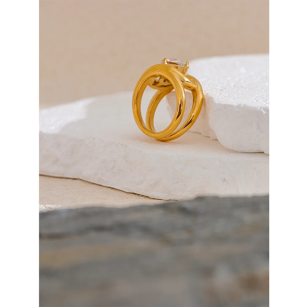 Yhpup Shiny AAA Cubic Zirconia Stainless Steel Gold Color PVD Plated Ring Temperament Fashion Women Fashion Finger Jewelry Gift