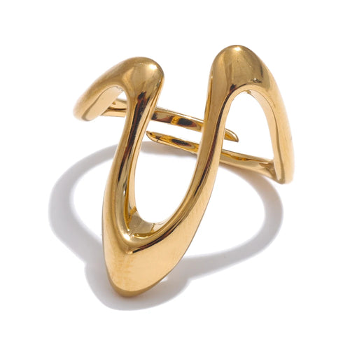 Yhpup Rust Proof Stainless Steel Metal U Shape Fashion Minimalist Adjustable Ring Fashion Jewelry Accessories Real Gold Plated