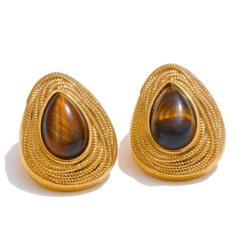 Yhpup Water Drop Natural Stone Fashion Geometric Daily Stud Earrings Vintage Tiger Lapis Lazuli Charm Jewelry Gold Color PVD