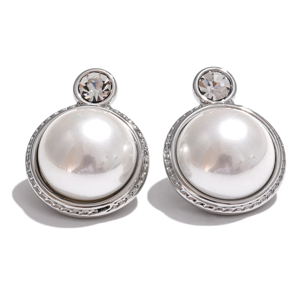 Yhpup Waterproof Korean Style Zirconia Imitation Pearls Stud Earrings Stainless Steel Elegant Daily Classic Fashion Jewelry