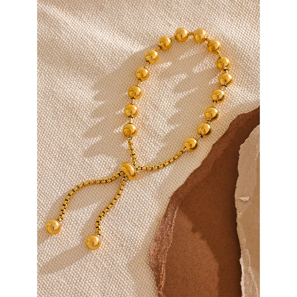 Yhpup 18K Gold Color PVD Plated Metal Beads Chain Adjustable Bracelet Bangle Statement Waterproof Summer Daily Jewelry