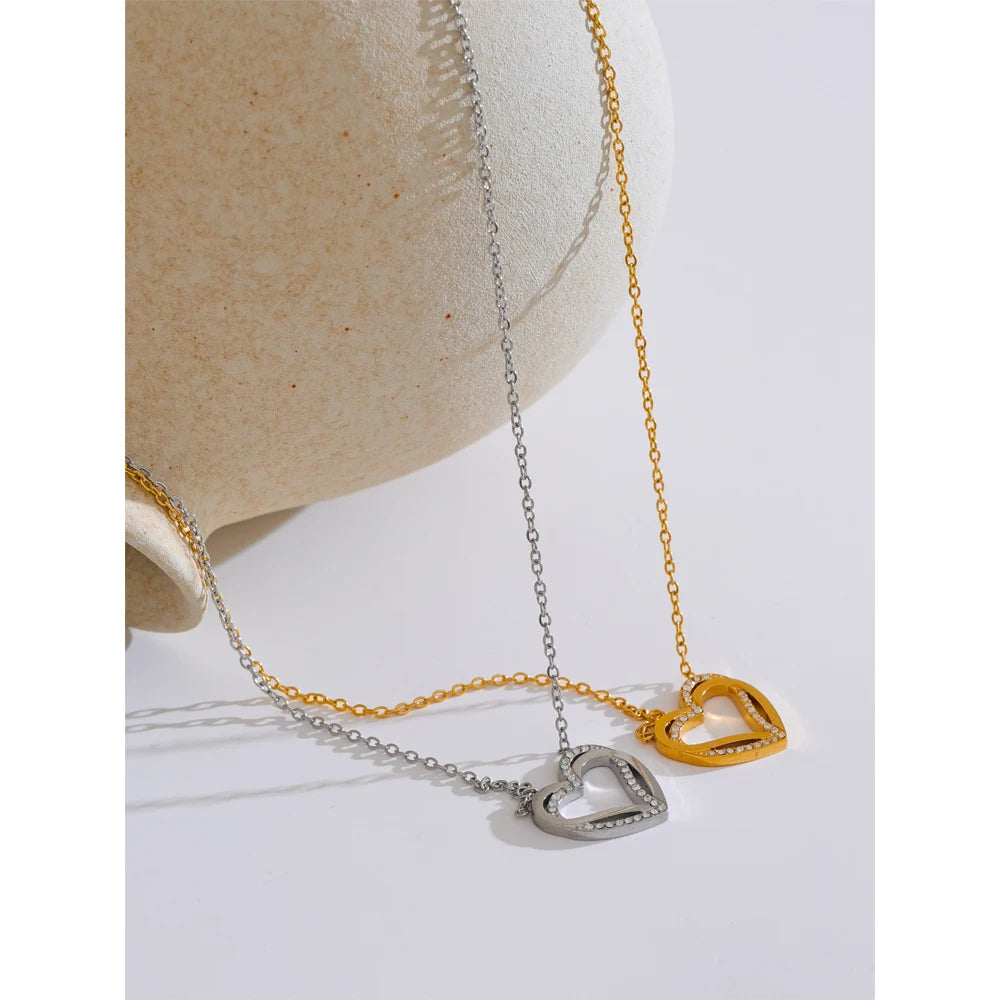 Yhpup Fashion Stainless Steel Zirconia Heart Love Hollow Pendant Necklace for Women Exquisite Romantic Jewelry Girlfriend Gift