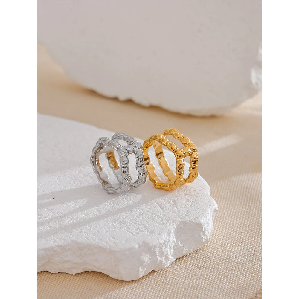 Yhpup Distinctive Stainless Steel Double Round Hollow Unusual Ring Water Resistant Metal Vintage Fashion Jewelry
