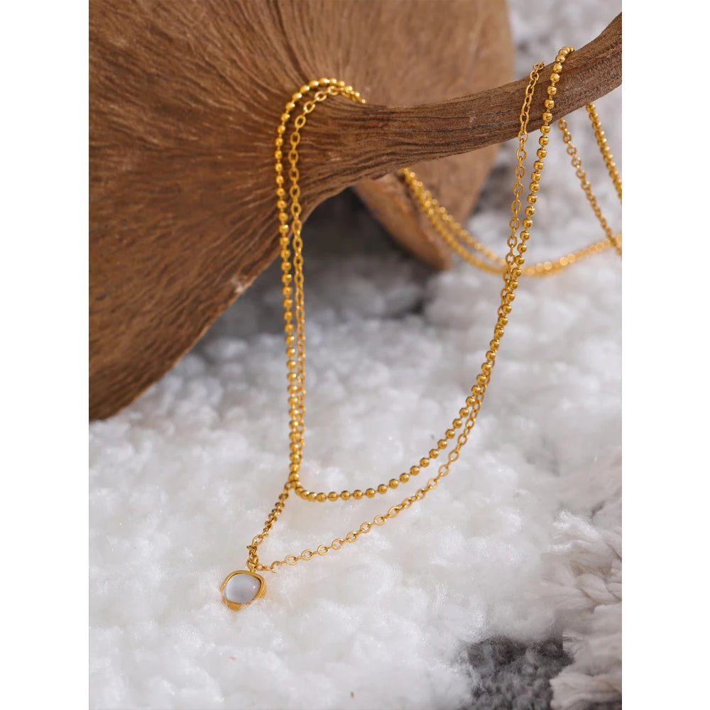 Yhpup Fashion Stainless Steel Layered Chain Overlay Natural Stone Exquisite Square Pendant Necklace Rust Proof Jewelry Gift