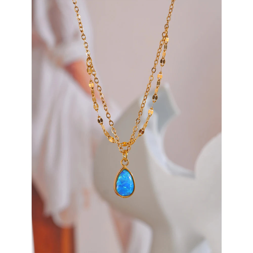 Yhpup Exquisite Blue Opal Artificial Stone Pendant Double-layered Chain Stacking Necklace Stainless Steel Stylish Jewelry Gift