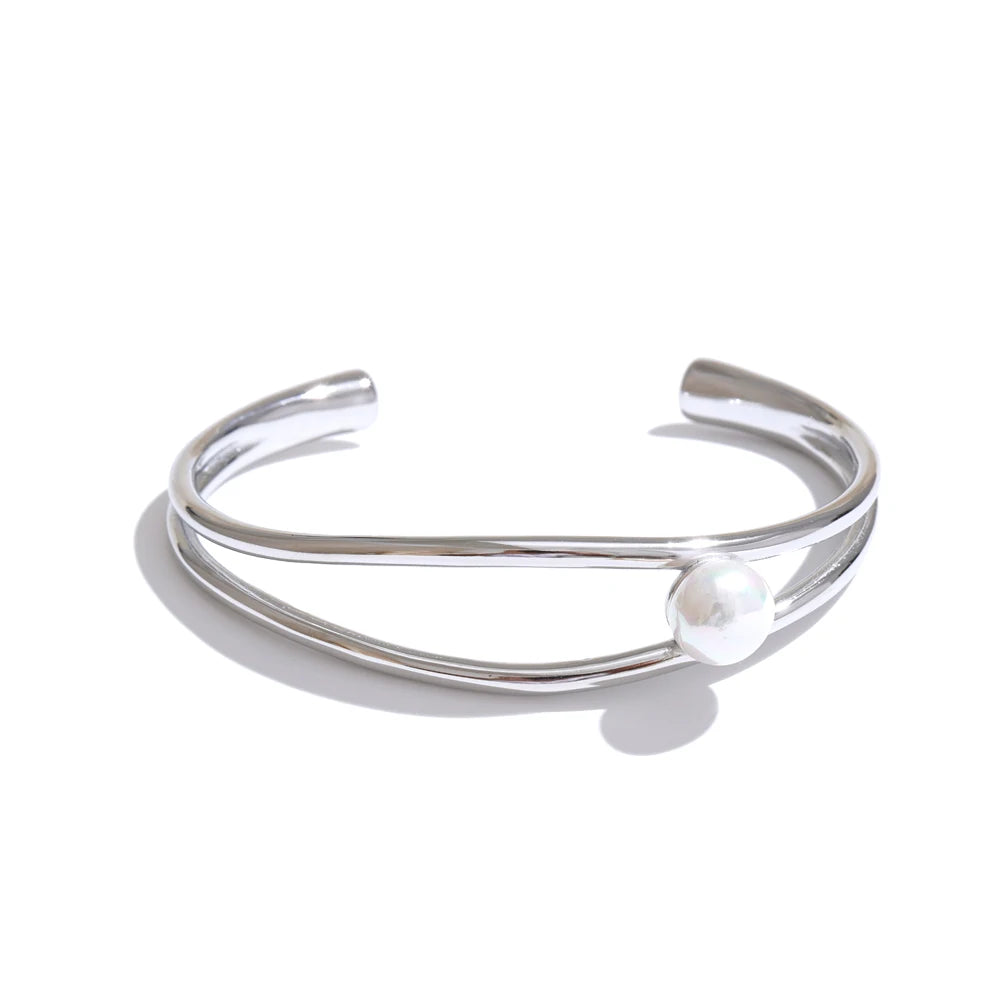 Yhpup New Stainless Steel Smooth Pearl Hollow Open Stylish Bracelet Bangle Minimalist Charm Fashion Wrist Jewelry for Women