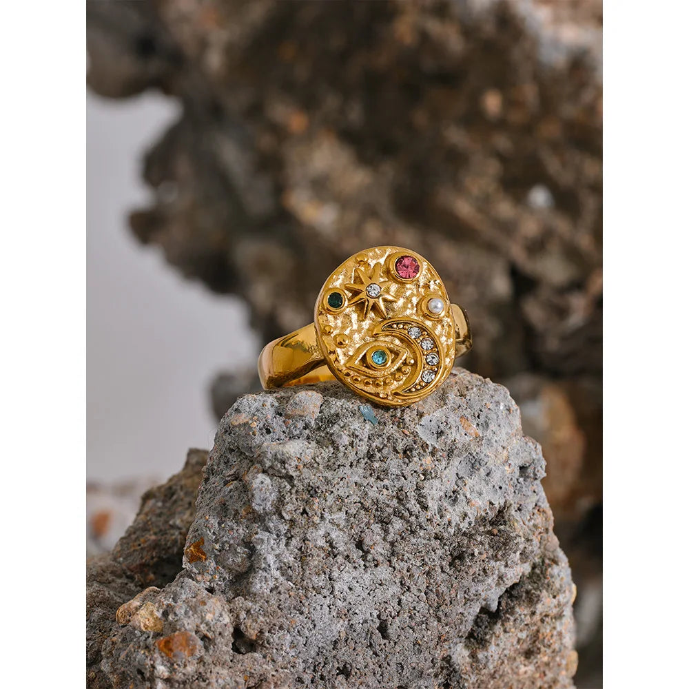 Yhpup Stainless Steel Star Moon Eye Charms Ring Colorful CZ Zirconia 18K Gold Color High Quality Celestial Jewelry Women Gala
