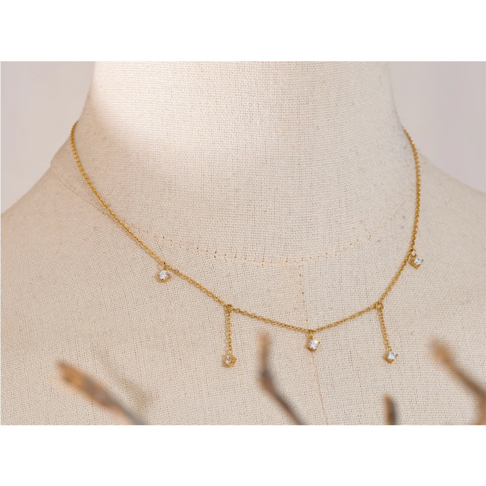 Yhpup Delicate Shiny Cubic Zirconia Drop Collarbone Chain Necklace Fashion Stainless Steel Temperament Delicate Jewelry Women