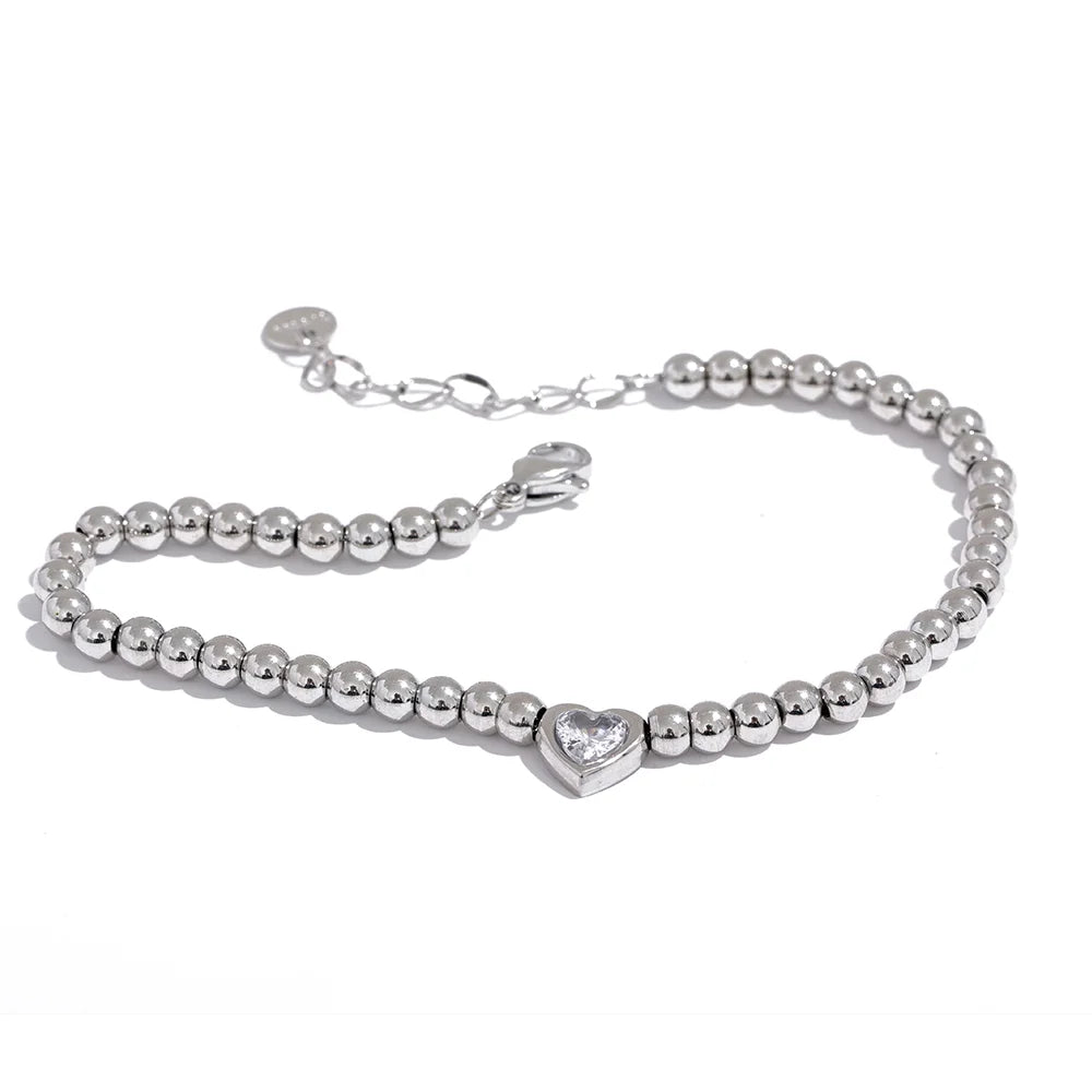 Yhpup Stainless Steel Beads Chain Heart Zircon Handmade Bracelet Bangle Gold Color Waterproof Charm Jewelry for Women Gala Gift