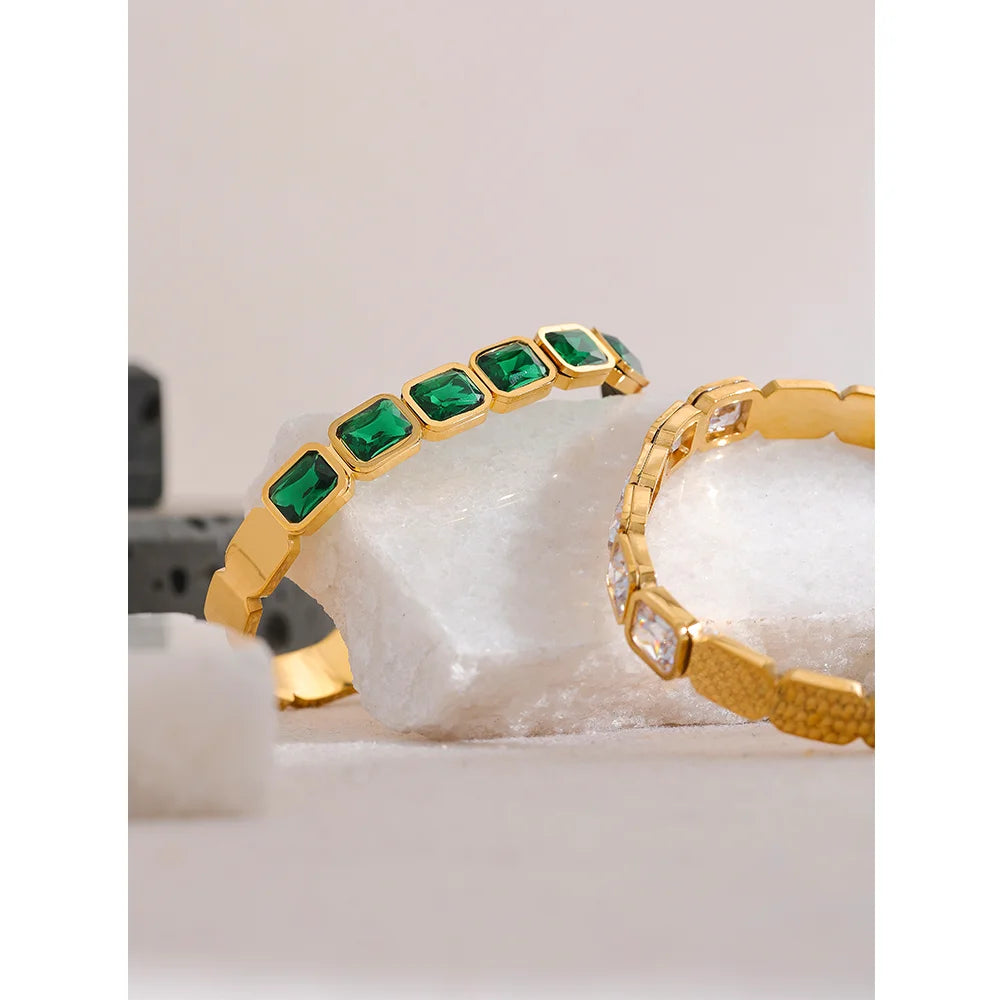 Yhpup Bling Green White Cubic Zirconia Bracelet Bangle Stainless Steel Waterproof Trend High Quality Fashion Jewelry Women Party