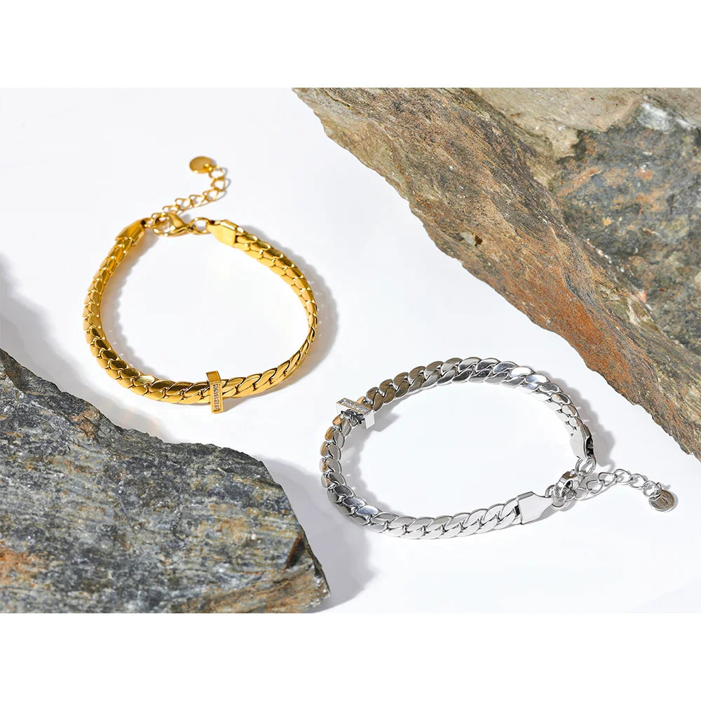 Yhpup High Quality 18K Gold Plated Cuban Chain Stainless Steel Bracelet Bangle Zircon Statement Chic Fashion Waterproof Jewelry