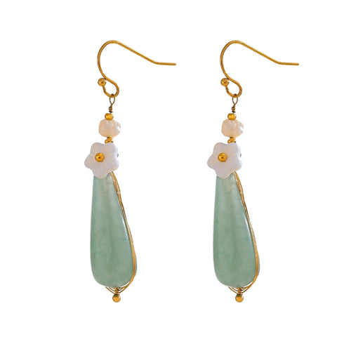 Yhpup Green Pink Natural Stone Drop Earrings for Women Stainless Steel Vintage Elegant Chinese Style Fashion Jewelry Gift