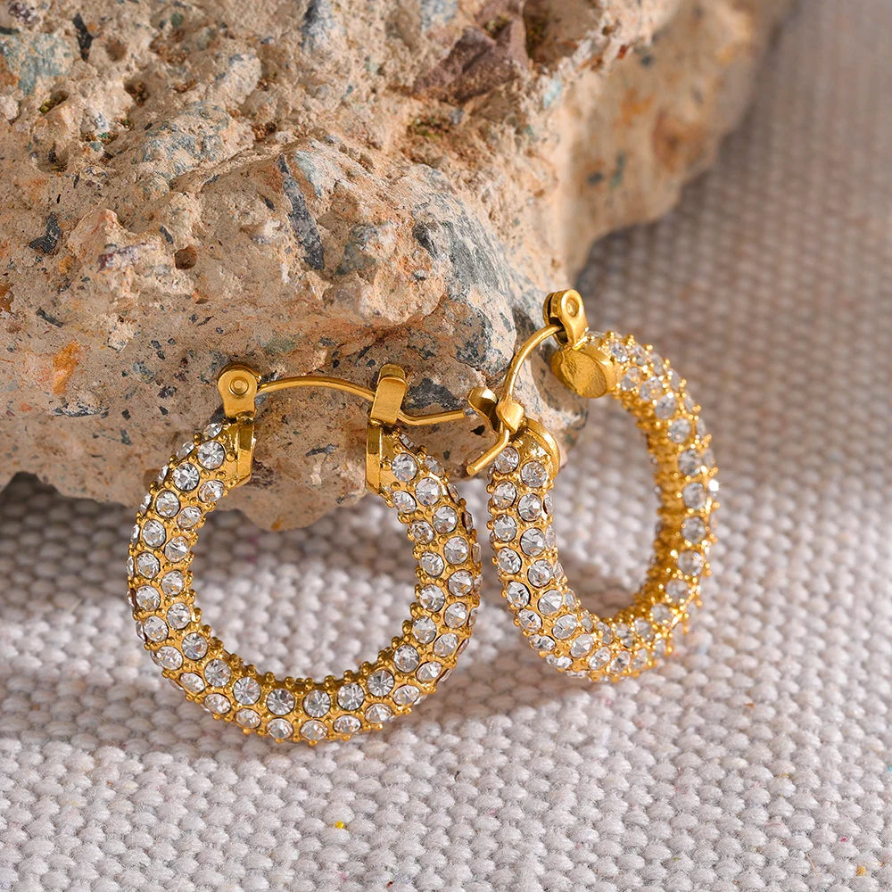 Yhpup Luxury Micro Shiny Cubic Zirconia Stainless Steel Hoop Huggie Earrings Stylish Charm Korean Style Fashion Jewelry Women