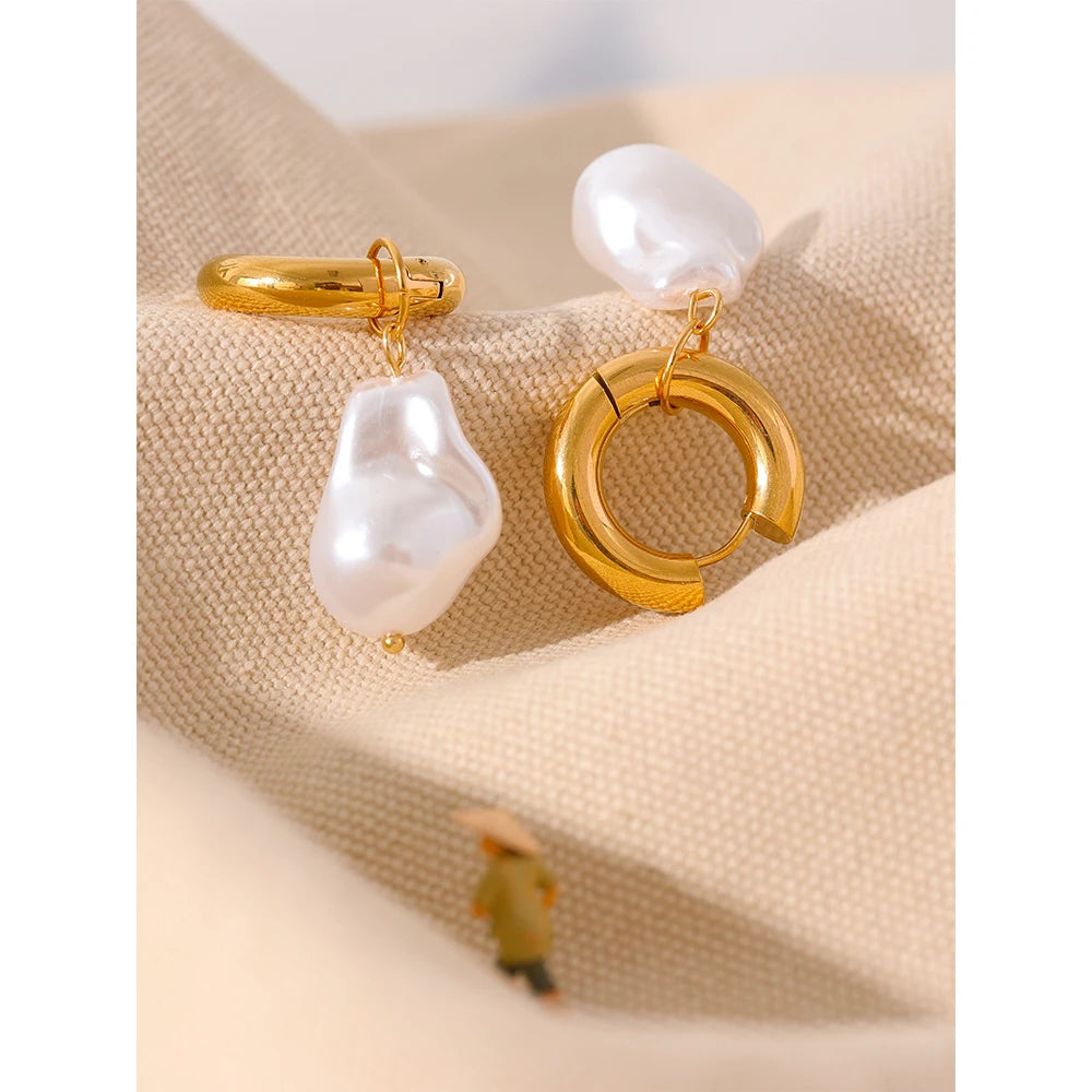 Yhpup Circle Drop Baroque Imitation Pearls Stainless Steel Trendy Gold Color Hoop Earrings Charm Vintage Trendy Jewelry Women