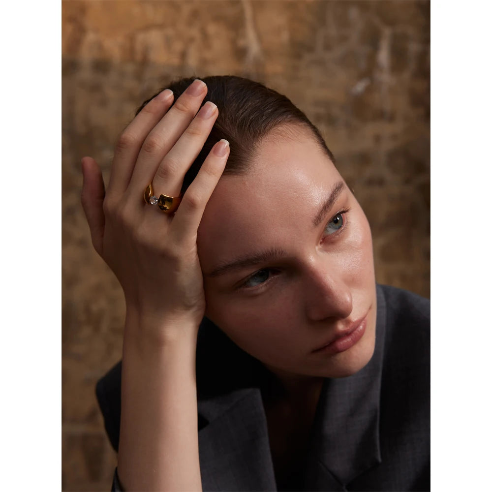 Yhpup Size 678 Sleek Metal Stainless Steel Shiny Cubic Zirconia Wide Golden Ring 18K PVD Plated Charm Daily Jewelry Gift