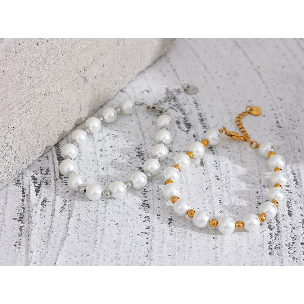 Yhpup Japan Imitation Pearls Handmade Chain Bracelet Bangle Stainless Steel Bead Elegant Stylish Korean Trend Jewelry Waterproof