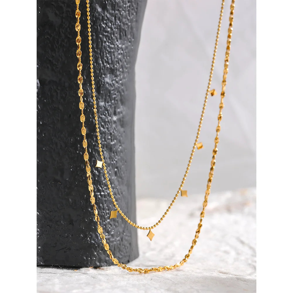 Yhpup Stylish Layered Chain Stainless Steel Necklace 18K Gold Plated Texture Waterproof Trendy Korean Thin Chain Jewelry Women